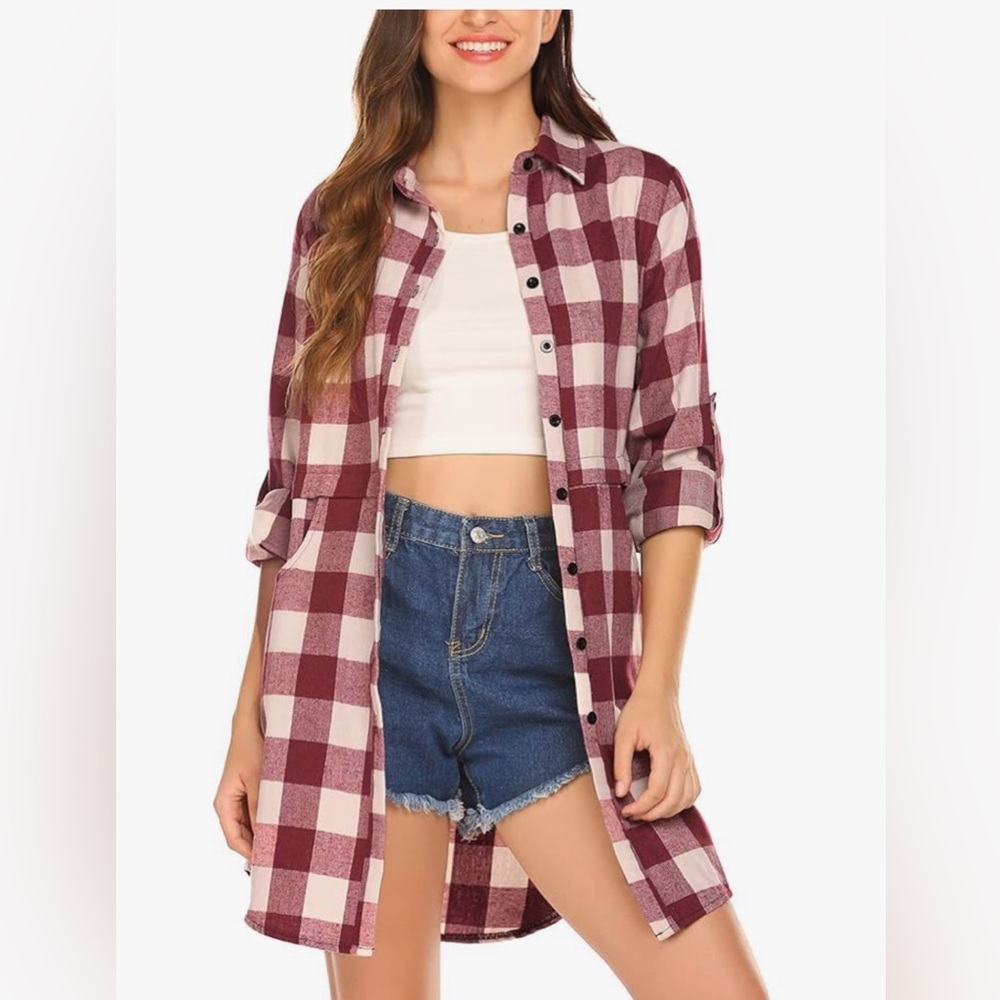 Red and Black Plaid Button-Up Boyfriend Flannel Tunic Length - Picture 2 of 16